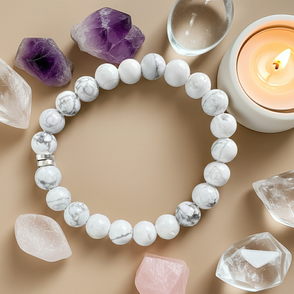 White beaded bracelet with crystals and a candle on a beige background