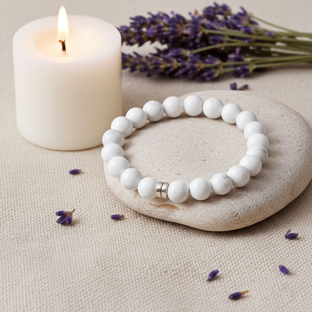 White beaded bracelet on a stone with a lit candle and lavender flowers in the background
