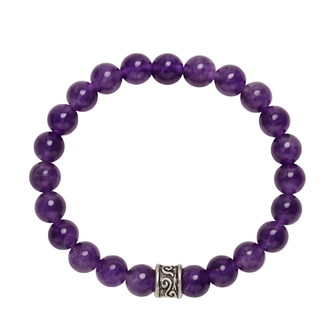 Purple beaded bracelet with a silver clasp on a transparent background