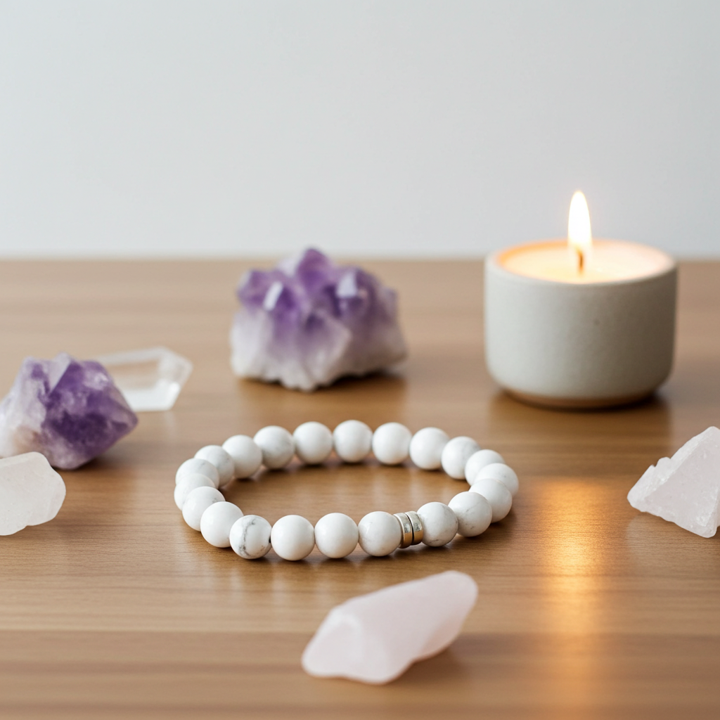 White beaded bracelet on a wooden surface with crystals and a candle