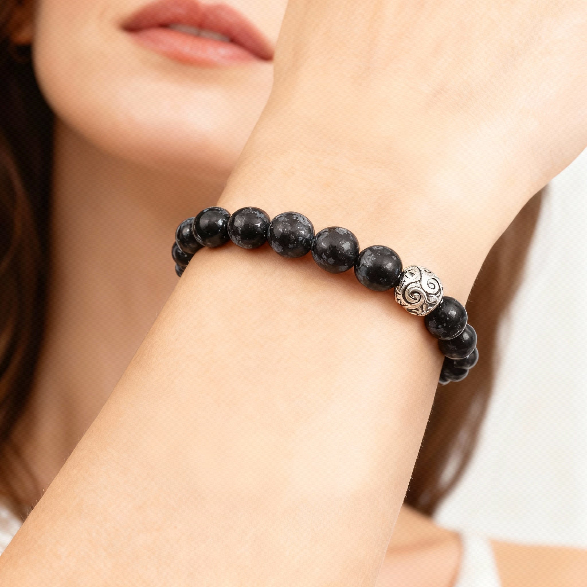 Snowflake Obsidian Bead Bracelet